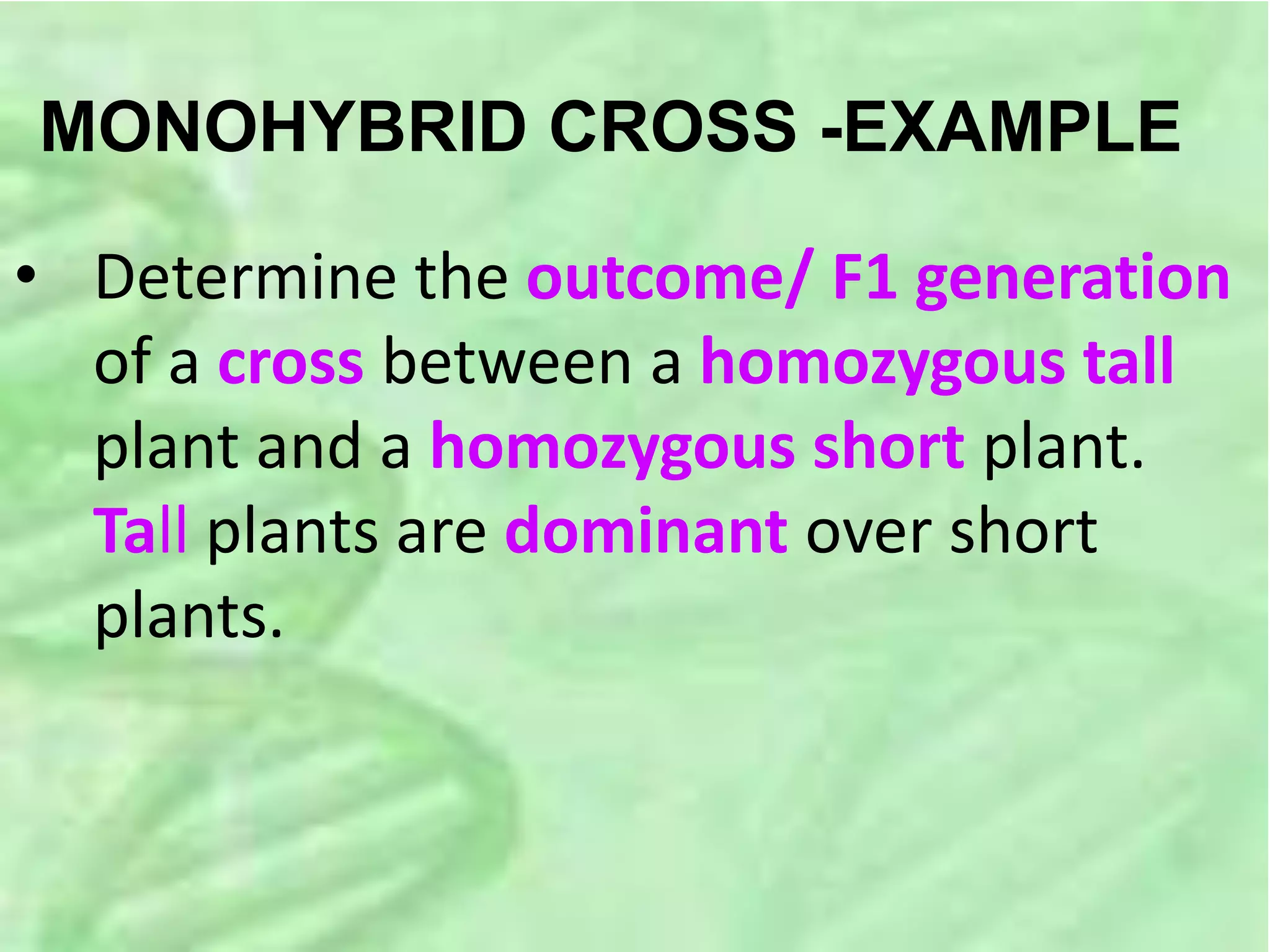 MONOHYBRID CROSS -EXAMPLE
• Determine the outcome/ F1 generation
of a cross between a homozygous tall
plant and a homozygous short plant.
Tall plants are dominant over short
plants.
 