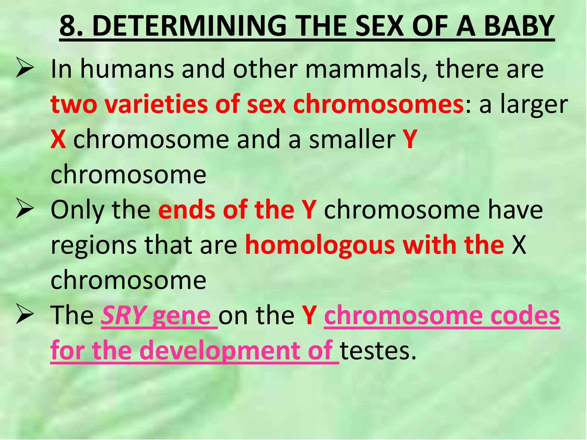 8. DETERMINING THE SEX OF A BABY
 In humans and other mammals, there are
two varieties of sex chromosomes: a larger
X chromosome and a smaller Y
chromosome
 Only the ends of the Y chromosome have
regions that are homologous with the X
chromosome
 The SRY gene on the Y chromosome codes
for the development of testes.
 