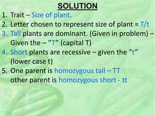 SOLUTION
1. Trait – Size of plant.
2. Letter chosen to represent size of plant = T/t
3. Tall plants are dominant. (Given in problem) –
Given the – “T” (capital T)
4. Short plants are recessive – given the “t”
(lower case t)
5. One parent is homozygous tall – TT
other parent is homozygous short - tt
 