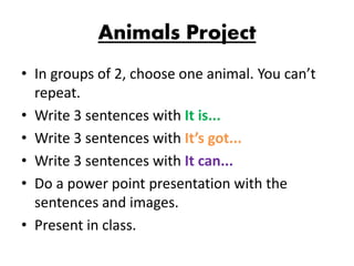 Animals Project
• In groups of 2, choose one animal. You can’t
repeat.
• Write 3 sentences with It is...
• Write 3 sentences with It’s got...
• Write 3 sentences with It can...
• Do a power point presentation with the
sentences and images.
• Present in class.
 