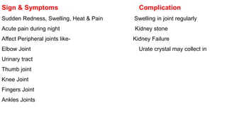 Sign & Symptoms Complication
Sudden Redness, Swelling, Heat & Pain Swelling in joint regularly
Acute pain during night Kidney stone
Affect Peripheral joints like- Kidney Failure
Elbow Joint Urate crystal may collect in
Urinary tract
Thumb joint
Knee Joint
Fingers Joint
Ankles Joints
 