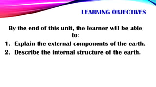LEARNING OBJECTIVES
By the end of this unit, the learner will be able
to:
1. Explain the external components of the earth.
2. Describe the internal structure of the earth.
 