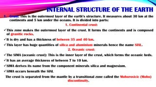 INTERNAL STRUCTURE OF THE EARTH
1. Crust: This is the outermost layer of the earth’s structure. It measures about 30 km at...
