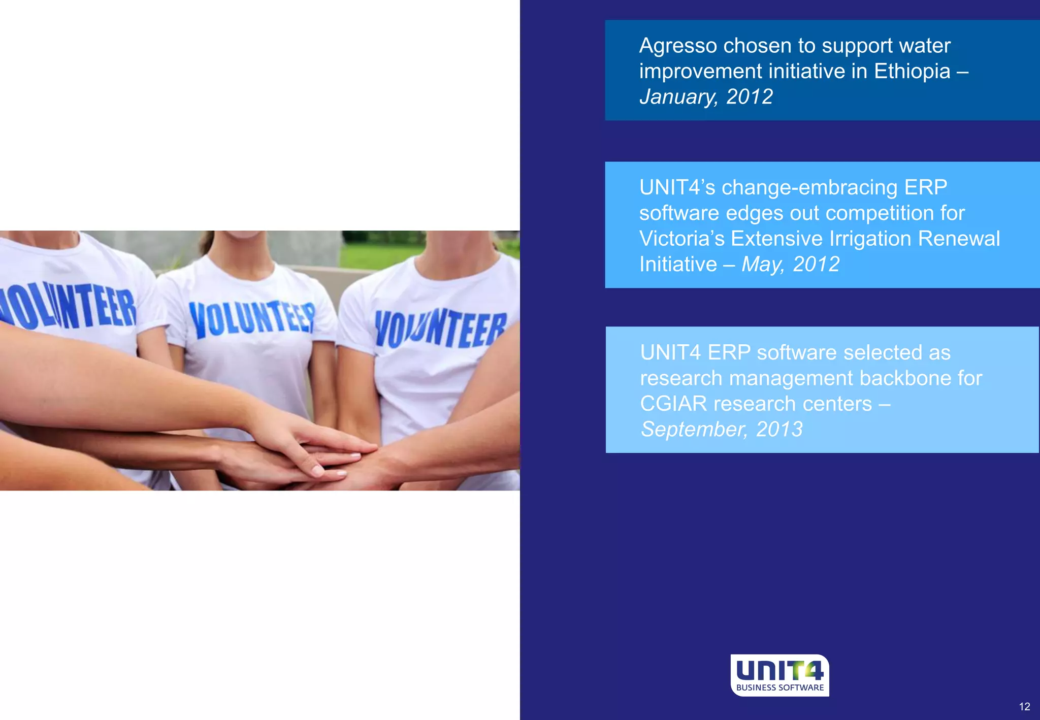 UNIT4’s change-embracing ERP 
software edges out competition for 
Victoria’s Extensive Irrigation Renewal 
Initiative – May, 2012 
12 
Agresso chosen to support water 
improvement initiative in Ethiopia – 
January, 2012 
UNIT4 ERP software selected as 
research management backbone for 
CGIAR research centers – 
September, 2013 
 