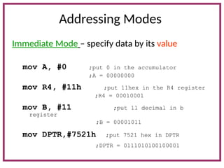 Addressing Modes
Immediate Mode – specify data by its value
mov A, #0 ;put 0 in the accumulator
;A = 00000000
mov R4, #11h ;put 11hex in the R4 register
;R4 = 00010001
mov B, #11 ;put 11 decimal in b
register
;B = 00001011
mov DPTR,#7521h ;put 7521 hex in DPTR
;DPTR = 0111010100100001
 