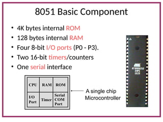 8051 Basic Component
• 4K bytes internal ROM
• 128 bytes internal RAM
• Four 8-bit I/O ports (P0 - P3).
• Two 16-bit timers/counters
• One serial interface
RAM
I/O
Port
Timer
Serial
COM
Port
Microcontroller
CPU
A single chip
ROM
 