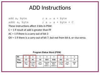 ADD Instructions
add a, byte ; a  a + byte
addc a, byte ; a  a + byte + C
These instructions affect 3 bits in PSW:
C = 1 if result of add is greater than FF
AC = 1 if there is a carry out of bit 3
OV = 1 if there is a carry out of bit 7, but not from bit 6, or visa versa.
 