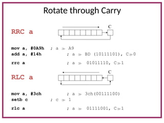 Rotate through Carry
RRC a
mov a, #0A9h ; a  A9
add a, #14h ; a  BD (10111101), C0
rrc a ; a  01011110, C1
RLC a
mov a, #3ch ; a  3ch(00111100)
setb c ; c  1
rlc a ; a  01111001, C1
C
C
 