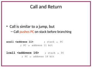 Call and Return
• Call is similar to a jump, but
– Call pushes PC on stack before branching
acall <address ll> ; stack  PC
; PC  address 11 bit
lcall <address 16> ; stack  PC
; PC  address 16 bit
 