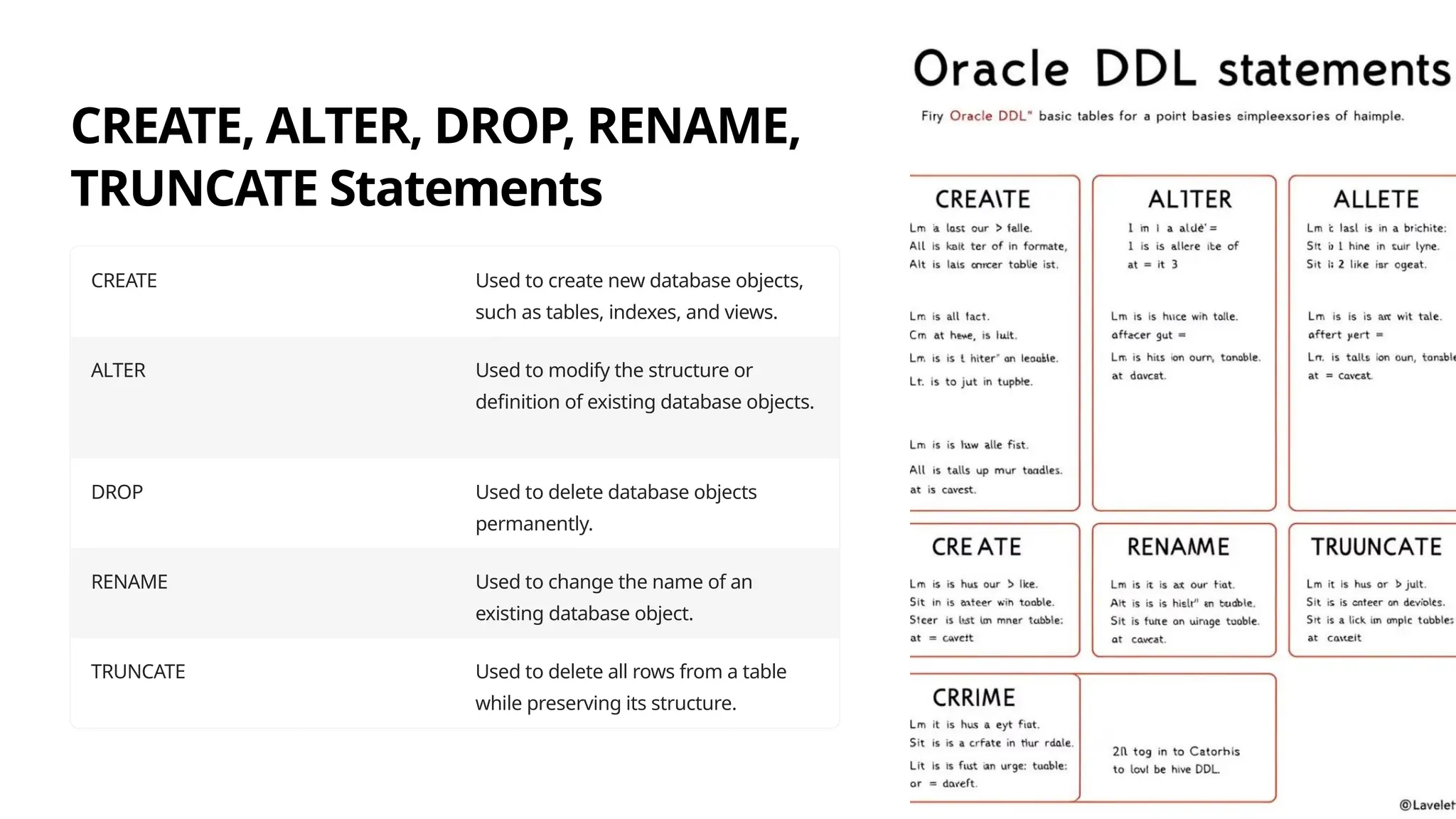 CREATE, ALTER, DROP, RENAME,
TRUNCATE Statements
CREATE Used to create new database objects,
such as tables, indexes, and views.
ALTER Used to modify the structure or
definition of existing database objects.
DROP Used to delete database objects
permanently.
RENAME Used to change the name of an
existing database object.
TRUNCATE Used to delete all rows from a table
while preserving its structure.
 