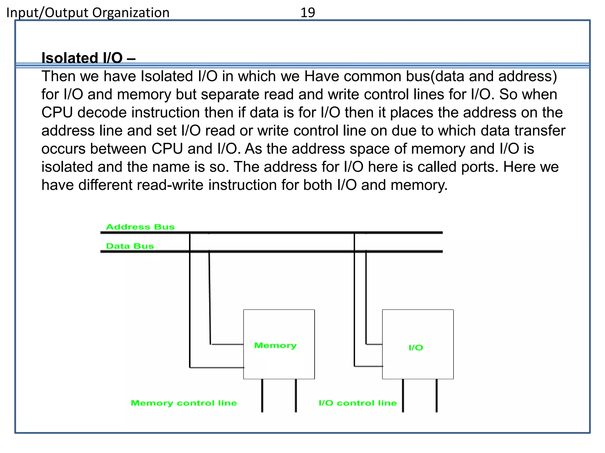 Input/Output Organization 19
Isolated I/O –
Then we have Isolated I/O in which we Have common bus(data and address)
for I/O and memory but separate read and write control lines for I/O. So when
CPU decode instruction then if data is for I/O then it places the address on the
address line and set I/O read or write control line on due to which data transfer
occurs between CPU and I/O. As the address space of memory and I/O is
isolated and the name is so. The address for I/O here is called ports. Here we
have different read-write instruction for both I/O and memory.
 