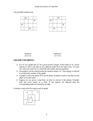 Design and Analysis of Algorithm
Two possible solutions are
Solutin-1 Solution 2
(2 4 1 3) (3 1 4 2)
GRAPH COLORING:
 Let ‘G’ be a graph and ‘m’ be a given positive integer. If the nodes of ‘G’ can be
colored in such a way that no two adjacent nodes have the same color. Yet only
‘M’ colors are used. So it’s called M-color ability decision problem.
 The graph G can be colored using the smallest integer ‘m’. This integer is referred
to as chromatic number of the graph.
 A graph is said to be planar iff it can be drawn on plane in such a way that no two
edges cross each other.
 Suppose we are given a map then, we have to convert it into planar. Consider
each and every region as a node. If two regions are adjacent then the
corresponding nodes are joined by an edge.
Consider a map with five regions and its graph.
4 5
2
3
9
Q
Q
Q
Q
Q
Q
Q
Q
1
 