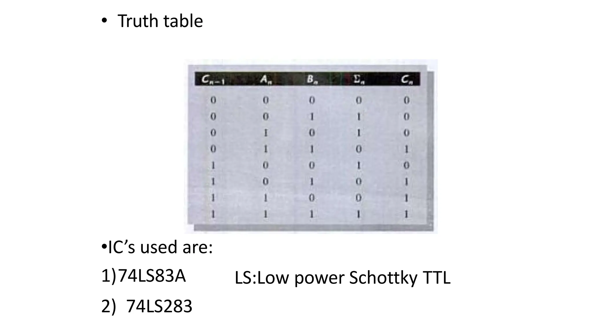 • Truth table
LS:Low power Schottky TTL
•IC’s used are:
1)74LS83A
2) 74LS283
 