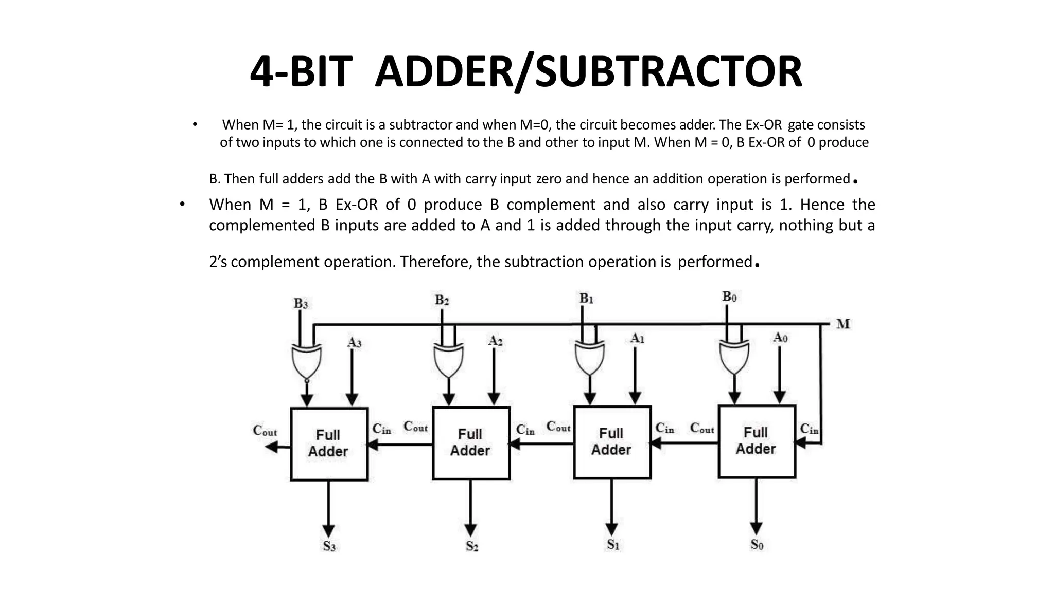 4-BIT ADDER/SUBTRACTOR
• When M= 1, the circuit is a subtractor and when M=0, the circuit becomes adder. The Ex-OR gate consists
of two inputs to which one is connected to the B and other to input M. When M = 0, B Ex-OR of 0 produce
B. Then full adders add the B with A with carry input zero and hence an addition operation is performed.
• When M = 1, B Ex-OR of 0 produce B complement and also carry input is 1. Hence the
complemented B inputs are added to A and 1 is added through the input carry, nothing but a
2’s complement operation. Therefore, the subtraction operation is performed.
 