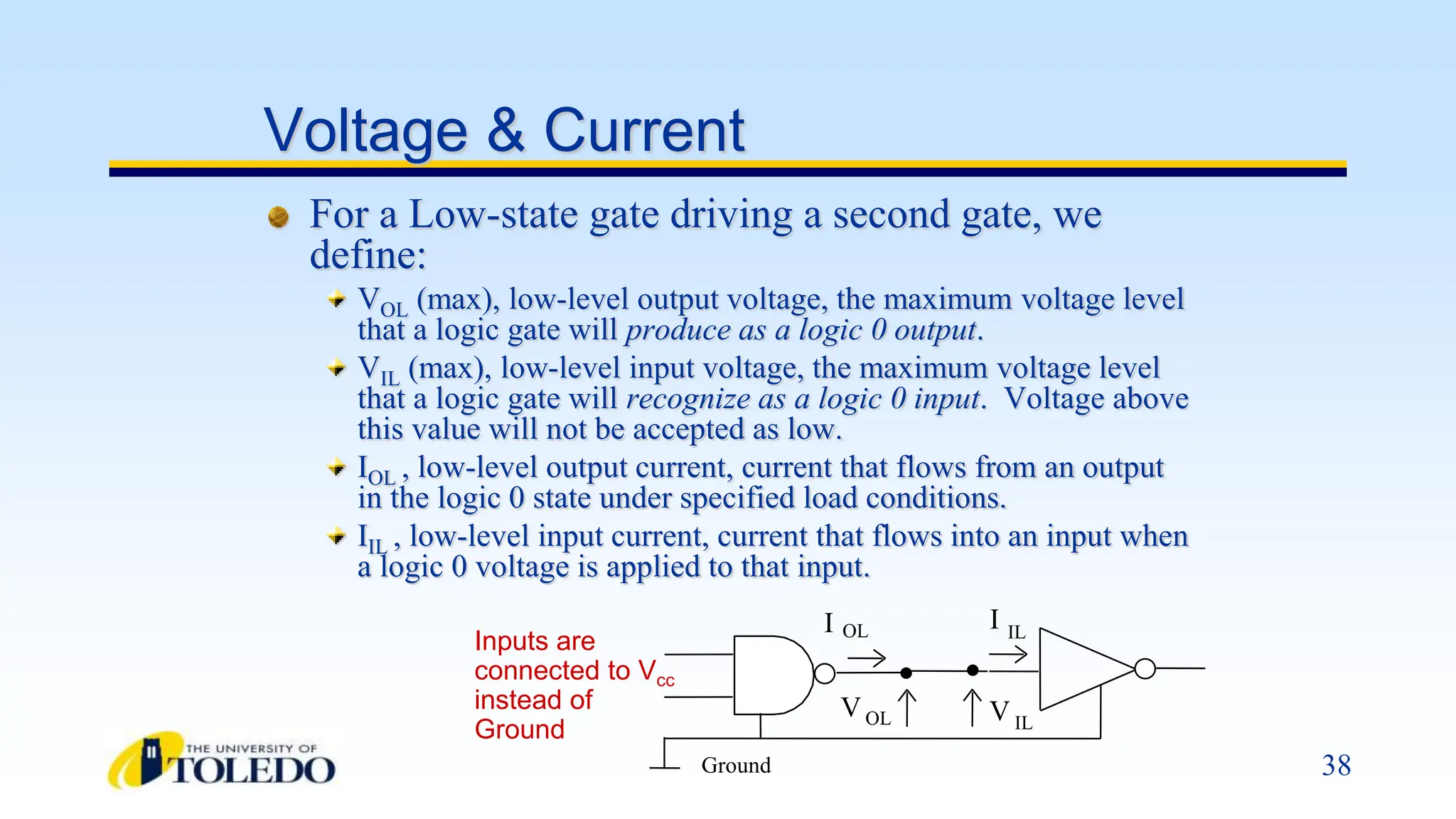 38
For a Low-state gate driving a second gate, we
define:
VOL (max), low-level output voltage, the maximum voltage level
that a logic gate will produce as a logic 0 output.
VIL (max), low-level input voltage, the maximum voltage level
that a logic gate will recognize as a logic 0 input. Voltage above
this value will not be accepted as low.
IOL , low-level output current, current that flows from an output
in the logic 0 state under specified load conditions.
IIL , low-level input current, current that flows into an input when
a logic 0 voltage is applied to that input.
Voltage & Current
Inputs are
connected to Vcc
instead of
Ground
Ground
V IL
VOL
I OL I IL
 