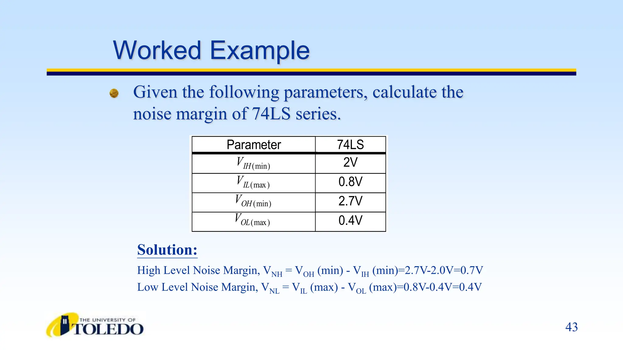 43
Given the following parameters, calculate the
noise margin of 74LS series.
Parameter 74LS
VIH(min) 2V
VIL(max) 0.8V
VOH (min) 2.7V
VOL(max) 0.4V
Solution:
High Level Noise Margin, VNH = VOH (min) - VIH (min)=2.7V-2.0V=0.7V
Low Level Noise Margin, VNL = VIL (max) - VOL (max)=0.8V-0.4V=0.4V
Worked Example
 