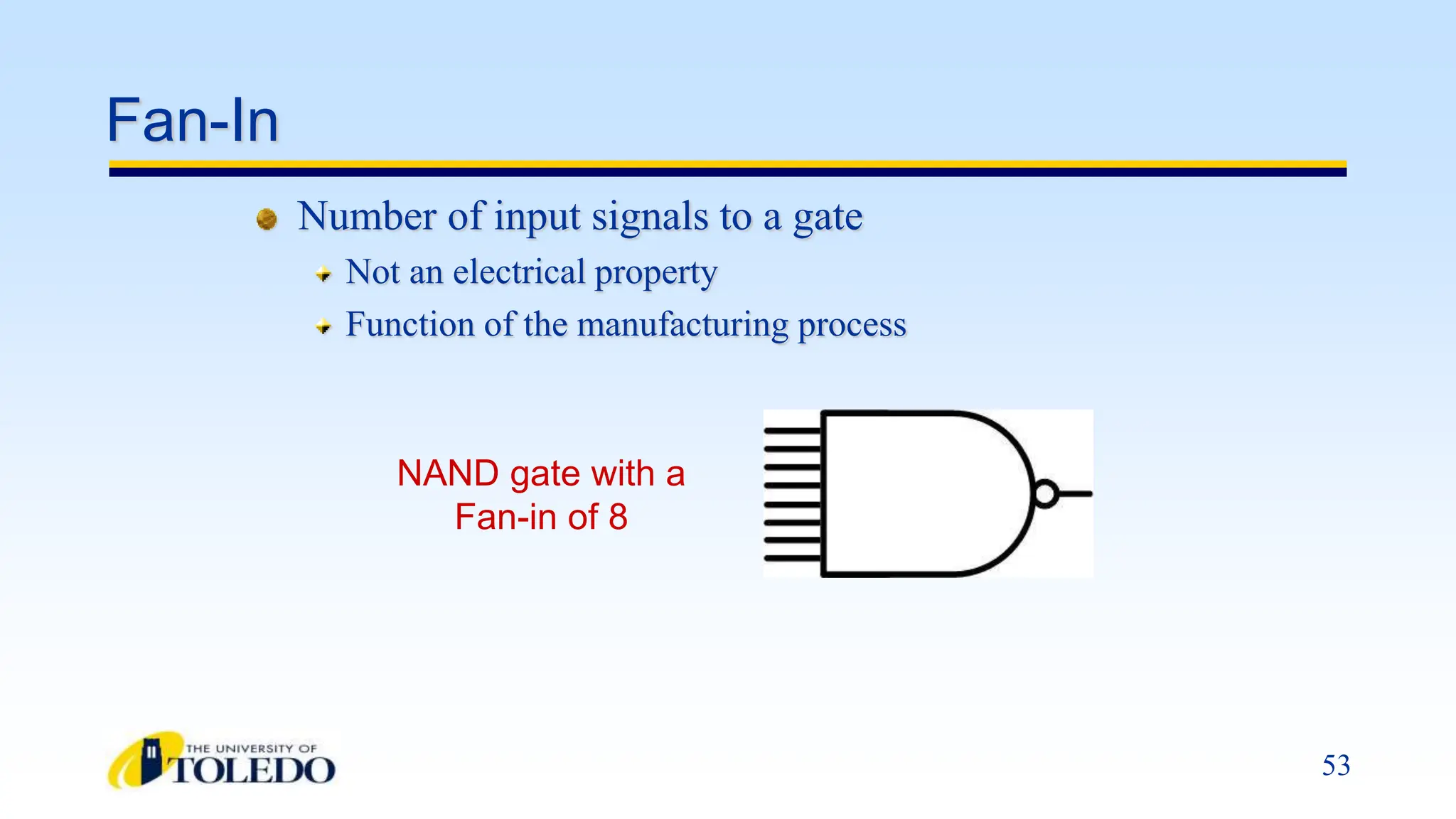 53
Fan-In
Number of input signals to a gate
Not an electrical property
Function of the manufacturing process
NAND gate with a
Fan-in of 8
 