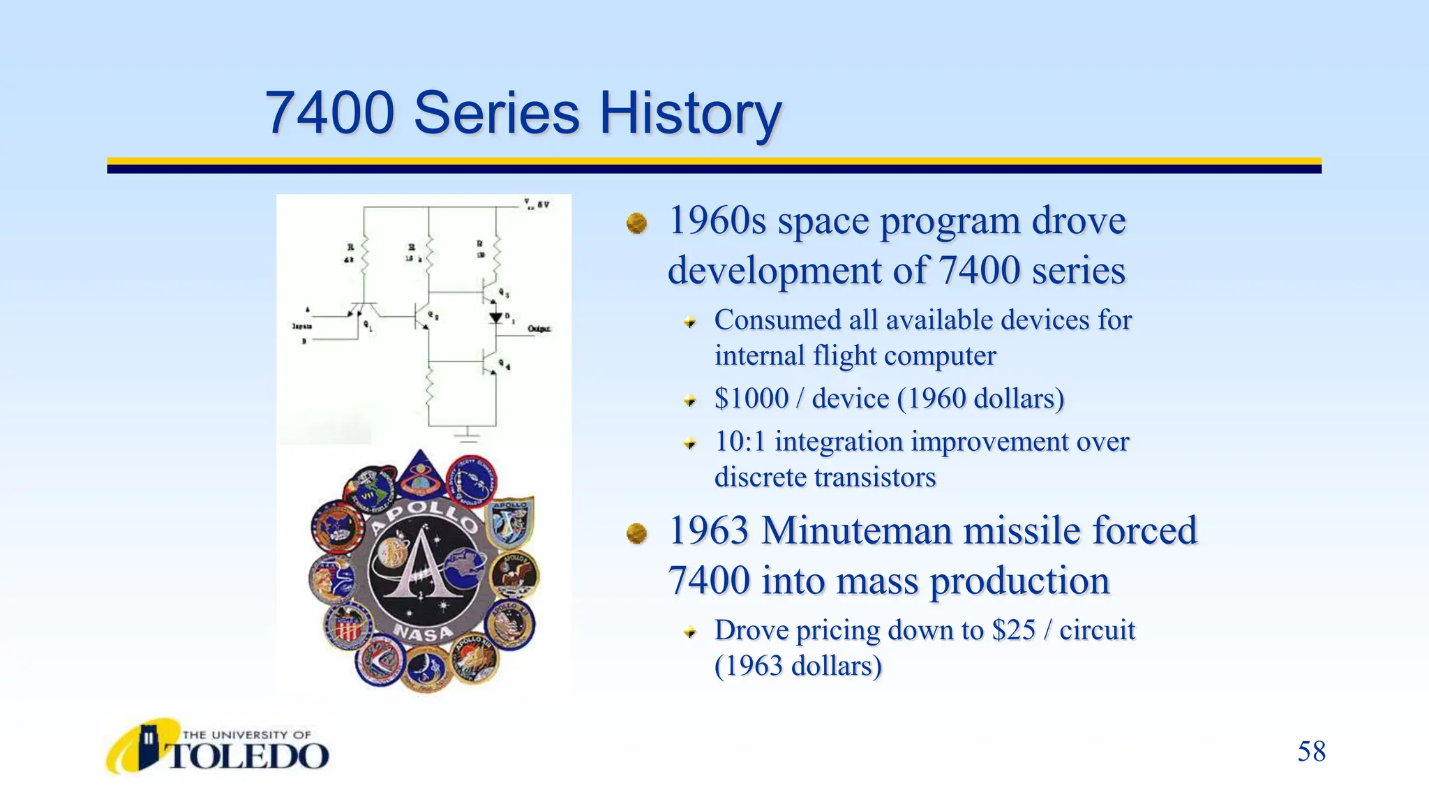 58
7400 Series History
1960s space program drove
development of 7400 series
Consumed all available devices for
internal flight computer
$1000 / device (1960 dollars)
10:1 integration improvement over
discrete transistors
1963 Minuteman missile forced
7400 into mass production
Drove pricing down to $25 / circuit
(1963 dollars)
 
