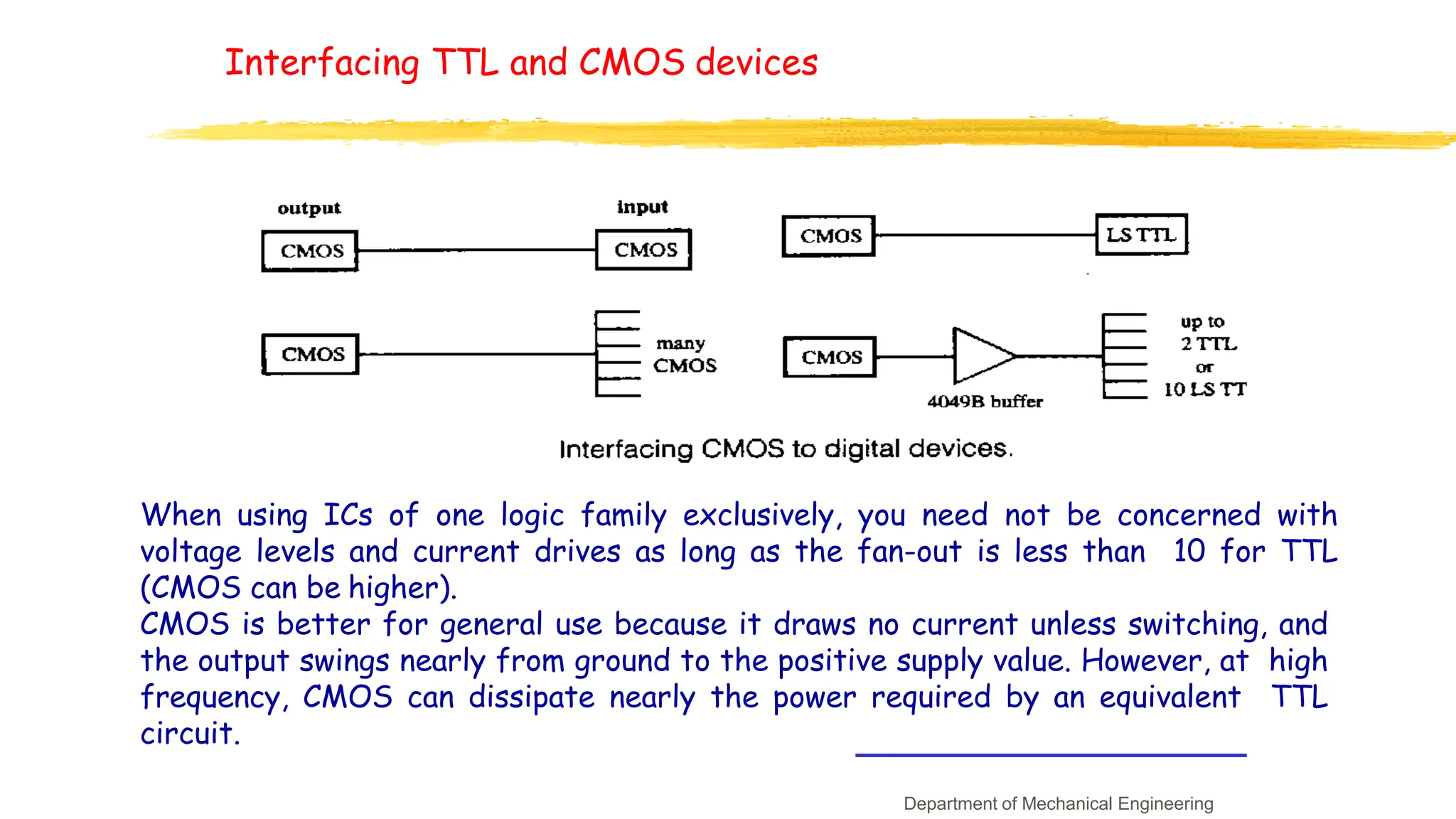 Interfacing TTL and CMOS devices
When using ICs of one logic family exclusively, you need not be concerned with
voltage levels and current drives as long as the fan-out is less than 10 for TTL
(CMOS can be higher).
CMOS is better for general use because it draws no current unless switching, and
the output swings nearly from ground to the positive supply value. However, at high
frequency, CMOS can dissipate nearly the power required by an equivalent TTL
circuit.
Department of Mechanical Engineering
 