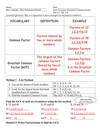 Unit 4 lesson 3 greatest common factor | PDF