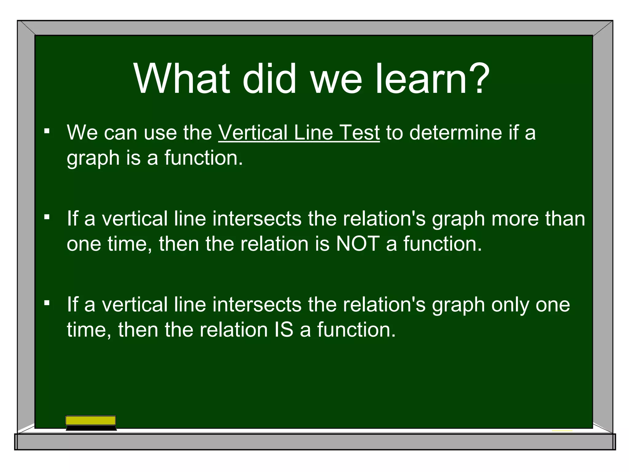 What did we learn?
   We can use the Vertical Line Test to determine if a
    graph is a function.

   If a vertical line intersects the relation's graph more than
    one time, then the relation is NOT a function.

   If a vertical line intersects the relation's graph only one
    time, then the relation IS a function.
 