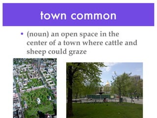 town common (noun) an open space in the center of a town where cattle and sheep could graze 