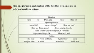 Find one phrase in each section of the box that we do not use in
informal emails or letters.
Greeting
Hello Hi Dear Jane Hiya Dear sir
Opening Phrases
How’s life? How are things? How are you?
How are things going? Hope you’re ok/well.
Thank you for your message of 28 February.
Hope everything’s OK. Hope all’s well.
Ending
Take care Your faithfully Bye for now Love
See you soon Cheers With love Love from