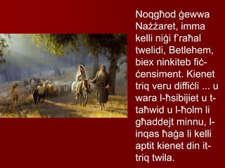 Noqgħod ġewwa
Nażżaret, imma
kelli niġi f’raħal
twelidi, Betlehem,
biex ninkiteb fiċ-
ċensiment. Kienet
triq veru diffiċli ... u
wara l-ħsibijiet u t-
taħwid u l-ħolm li
għaddejt minnu, l-
inqas ħaġa li kelli
aptit kienet din it-
triq twila.
 