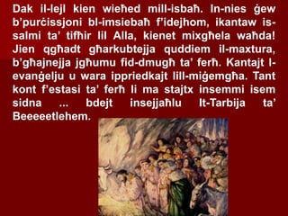 Dak il-lejl kien wieħed mill-isbaħ. In-nies ġew
b’purċissjoni bl-imsiebaħ f’idejhom, ikantaw is-
salmi ta’ tifħir lil Alla, kienet mixgħela waħda!
Jien qgħadt għarkubtejja quddiem il-maxtura,
b’għajnejja jgħumu fid-dmugħ ta’ ferħ. Kantajt l-
evanġelju u wara ippriedkajt lill-miġemgħa. Tant
kont f’estasi ta’ ferħ li ma stajtx insemmi isem
sidna ... bdejt insejjaħlu It-Tarbija ta’
Beeeeetlehem.
 