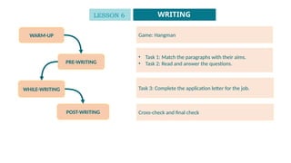 WARM-UP
PRE-WRITING
WHILE-WRITING
Game: Hangman
• Task 1: Match the paragraphs with their aims.
• Task 2: Read and answer the questions.
Task 3: Complete the application letter for the job.
POST-WRITING
LESSON 6 WRITING
Cross-check and final check
 
