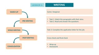 WARM-UP
PRE-WRITING
WHILE-WRITING
Game: Hangman
• Task 1: Match the paragraphs with their aims.
• Task 2: Read and answer the questions.
Task 3: Complete the application letter for the job.
POST-WRITING
• Wrap-up
• Homework
LESSON 6 WRITING
CONSOLIDATION
Cross-check and final check
 