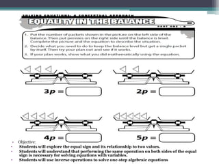 •   Objective:
•    Students will explore the equal sign and its relationship to two values.
•    Students will understand that performing the same operation on both sides of the equal
     sign is necessary for solving equations with variables.
•    Students will use inverse operations to solve one-step algebraic equations
 