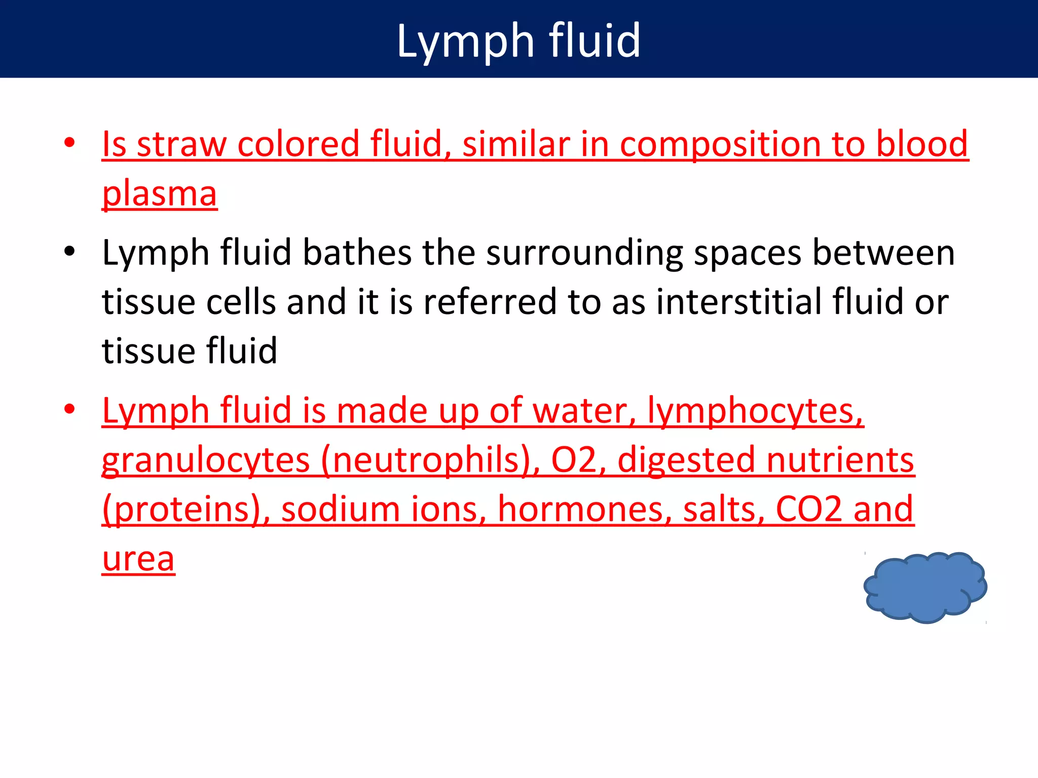 • Is straw colored fluid, similar in composition to blood
plasma
• Lymph fluid bathes the surrounding spaces between
tissue cells and it is referred to as interstitial fluid or
tissue fluid
• Lymph fluid is made up of water, lymphocytes,
granulocytes (neutrophils), O2, digested nutrients
(proteins), sodium ions, hormones, salts, CO2 and
urea
Lymph fluid
 