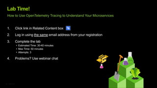 ©2023 F5
41
Lab Time!
1. Click link in Related Content box
2. Log in using the same email address from your registration
3. Complete the lab
• Estimated Time: 30-40 minutes
• Max Time: 50 minutes
• Attempts: 3
4. Problems? Use webinar chat
How to Use OpenTelemetry Tracing to Understand Your Microservices
 