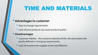 TIME AND MATERIALS
•Advantages to customer
• Easy to change requirements
• Lack of price pressure can assist product quality
• Disadvantages
• Customer liability - the customer absorbs all the risk associated with
poorly defined or changing requirements
• Lack of incentive for supplier to be cost effective
 
