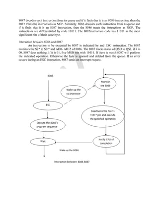 8087 decodes each instruction from its queue and if it finds that it is an 8086 instruction, then the
8087 treats the instructions as NOP. Similarly, 8086 decodes each instruction from its queue and
if it finds that it is an 8087 instruction, then the 8086 treats the instructions as NOP. The
instructions are differentiated by code 11011. The 8087instruction code has 11011 as the most
significant bits of their code byte.
Interaction between 8086 and 8087
An instruction to be executed by 8087 is indicated by and ESC instruction. The 8087
monitors the S2* to S0 * and AD0- AD15 of 8086. The 8087 tracks status of QSO to QS1, if it is
00, 8087 does nothing. If it is 01, five MSB bits with 11011. If there is match 8087 will perform
the indicated operation. Otherwise the byte is ignored and deleted from the queue. If an error
occurs during an ESC instruction, 8087 sends an interrupt request.
 