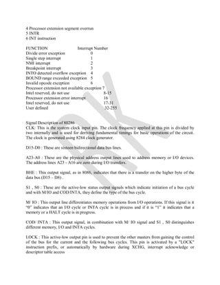 4 Processor extension segment overrun
5 INTR
6 INT instruction
FUNCTION Interrupt Number
Divide error exception 0
Single step interrupt 1
NMI interrupt 2
Breakpoint interrupt 3
INTO detected overflow exception 4
BOUND range exceeded exception 5
Invalid opcode exception 6
Processor extension not available exception 7
Intel reserved, do not use 8-15
Processor extension error interrupt 16
Intel reserved, do not use 17-31
User defined 32-255
Signal Description of 80286
CLK: This is the system clock input pin. The clock frequency applied at this pin is divided by
two internally and is used for deriving fundamental timings for basic operations of the circuit.
The clock is generated using 8284 clock generator.
D15-D0 : These are sixteen bidirectional data bus lines.
A23-A0 : These are the physical address output lines used to address memory or I/O devices.
The address lines A23 - A16 are zero during I/O transfers.
BHE : This output signal, as in 8086, indicates that there is a transfer on the higher byte of the
data bus (D15 – D8) .
S1 , S0 : These are the active-low status output signals which indicate initiation of a bus cycle
and with M/IO and COD/INTA, they define the type of the bus cycle.
M/ IO : This output line differentiates memory operations from I/O operations. If this signal is it
“0” indicates that an I/O cycle or INTA cycle is in process and if it is “1” it indicates that a
memory or a HALT cycle is in progress.
COD/ INTA : This output signal, in combination with M/ IO signal and S1 , S0 distinguishes
different memory, I/O and INTA cycles.
LOCK : This active-low output pin is used to prevent the other masters from gaining the control
of the bus for the current and the following bus cycles. This pin is activated by a "LOCK"
instruction prefix, or automatically by hardware during XCHG, interrupt acknowledge or
descriptor table access
 