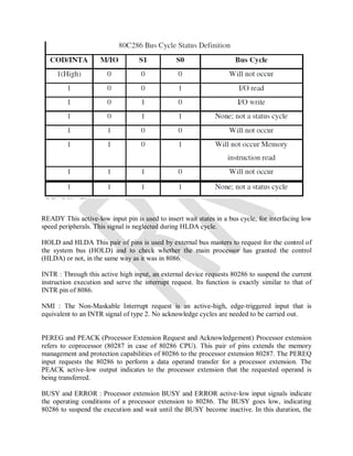 READY This active-low input pin is used to insert wait states in a bus cycle, for interfacing low
speed peripherals. This signal is neglected during HLDA cycle.
HOLD and HLDA This pair of pins is used by external bus masters to request for the control of
the system bus (HOLD) and to check whether the main processor has granted the control
(HLDA) or not, in the same way as it was in 8086.
INTR : Through this active high input, an external device requests 80286 to suspend the current
instruction execution and serve the interrupt request. Its function is exactly similar to that of
INTR pin of 8086.
NMI : The Non-Maskable Interrupt request is an active-high, edge-triggered input that is
equivalent to an INTR signal of type 2. No acknowledge cycles are needed to be carried out.
PEREG and PEACK (Processor Extension Request and Acknowledgement) Processor extension
refers to coprocessor (80287 in case of 80286 CPU). This pair of pins extends the memory
management and protection capabilities of 80286 to the processor extension 80287. The PEREQ
input requests the 80286 to perform a data operand transfer for a processor extension. The
PEACK active-low output indicates to the processor extension that the requested operand is
being transferred.
BUSY and ERROR : Processor extension BUSY and ERROR active-low input signals indicate
the operating conditions of a processor extension to 80286. The BUSY goes low, indicating
80286 to suspend the execution and wait until the BUSY become inactive. In this duration, the
 