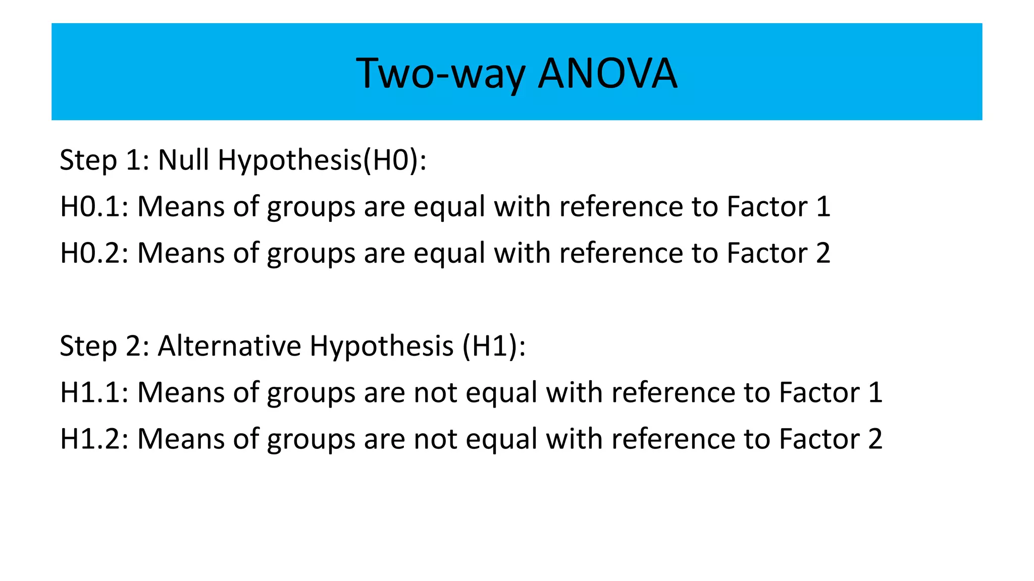 Two-way ANOVA
Step 1: Null Hypothesis(H0):
H0.1: Means of groups are equal with reference to Factor 1
H0.2: Means of groups are equal with reference to Factor 2
Step 2: Alternative Hypothesis (H1):
H1.1: Means of groups are not equal with reference to Factor 1
H1.2: Means of groups are not equal with reference to Factor 2
 