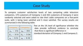 Case Study
To compare customer satisfaction levels of two competing cable television
companies, 174 customers of Company 1 and 355 customers of Company 2 were
randomly selected and were asked to rate their cable companies on a five-point
scale, with 1 being least satisfied and 5 most satisfied. The survey results are
summarized in the following table:
Test at the 1% level of significance whether the
data provide sufficient evidence to conclude
that there is significant difference in
standard deviation of Company 1 and Company 2.
 