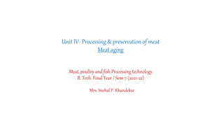Unit IV- Processing & preservation of meat
Meat aging
Meat, poultry and fish Processing technology
B. Tech. Final Year / Sem 7 (2021-22)
Mrs. Snehal P. Khandekar
 
