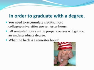 In order to graduate with a degree.
 You need to accumulate credits, most
  colleges/universities use semester hours.
 128 semester hours in the proper courses will get you
  an undergraduate degree.
 What the heck is a semester hour?
 