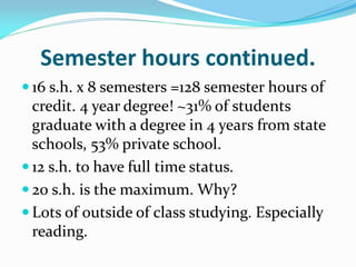 Semester hours continued.
 16 s.h. x 8 semesters =128 semester hours of
  credit. 4 year degree! ~31% of students
  graduate with a degree in 4 years from state
  schools, 53% private school.
 12 s.h. to have full time status.
 20 s.h. is the maximum. Why?
 Lots of outside of class studying. Especially
  reading.
 