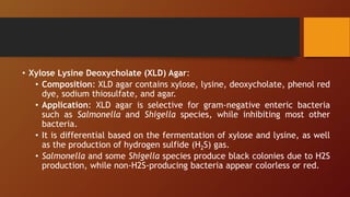 • Xylose Lysine Deoxycholate (XLD) Agar:
• Composition: XLD agar contains xylose, lysine, deoxycholate, phenol red
dye, sodium thiosulfate, and agar.
• Application: XLD agar is selective for gram-negative enteric bacteria
such as Salmonella and Shigella species, while inhibiting most other
bacteria.
• It is differential based on the fermentation of xylose and lysine, as well
as the production of hydrogen sulfide (H2S) gas.
• Salmonella and some Shigella species produce black colonies due to H2S
production, while non-H2S-producing bacteria appear colorless or red.
 