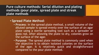 Pure culture methods: Serial dilution and plating
methods (pour plate, spread plate and streak
plate methods
• Spread Plate Method:
• Process: In the spread plate method, a small volume of the
diluted sample is spread evenly over the surface of an agar
plate using a sterile spreading tool such as a spreader or
glass rod. After allowing the plate to dry, colonies grow on
the surface of the agar.
• Purpose: The spread plate method is commonly used when
the objective is to obtain isolated colonies on the surface
of the agar. It is relatively quick and straightforward
compared to the pour plate method.
 