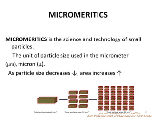 MICROMERITICS
MICROMERITICS is the science and technology of small
particles.
The unit of particle size used in the micrometer
(µm), micron (µ).
As particle size decreases ↓, area increases ↑
R.VIJAYAKUMAR ., M Pharm.,
Asst Professor,Dept of Pharmaceutics,VCP,Erode.
2
 