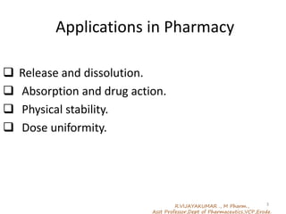 Applications in Pharmacy
 Release and dissolution.
 Absorption and drug action.
 Physical stability.
 Dose uniformity.
R.VIJAYAKUMAR ., M Pharm.,
Asst Professor,Dept of Pharmaceutics,VCP,Erode.
3
 