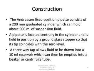 Construction
• The Andreasen fixed-position pipette consists of
a 200 mm graduated cylinder which can hold
about 500 ml of suspension fluid.
• A pipette is located centrally in the cylinder and is
held in position by a ground glass stopper so that
its tip coincides with the zero level.
• A three way tap allows fluid to be drawn into a
10 ml reservoir which can then be emptied into a
beaker or centrifuge tube.
R.VIJAYAKUMAR ., M Pharm.,
Asst Professor,Dept of
Pharmaceutics,VCP,Erode.
30
 