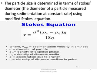 • The particle size is determined in terms of stokes’
diameter (the diameter of a particle measured
during sedimentation at constant rate) using
modified Stokes' equation.
R.VIJAYAKUMAR ., M Pharm.,
Asst Professor,Dept of
Pharmaceutics,VCP,Erode.
34
 