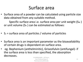 Surface area
• Surface area of a powder can be calculated using particle size
data obtained from any suitable method.
Specific surface area i.e. surface area per unit weight (Sw )
or unit volume (Sv ) can be estimated as follows:
• Sv = surface area of particles / volume of particles
• Surface area is an important parameter as the bioavailability
of certain drugs is dependant on surface area.
• eg. Bephenium (anthelminitic), Griseofulvin (antifungal)- if
the surface area is less than specified, the absorption
decreases. R.VIJAYAKUMAR ., M Pharm.,
Asst Professor,Dept of
Pharmaceutics,VCP,Erode.
41
 